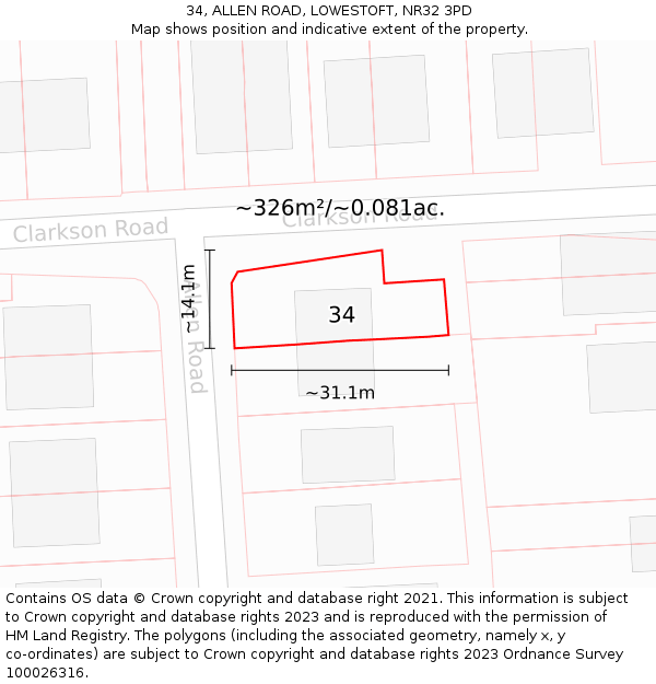 34, ALLEN ROAD, LOWESTOFT, NR32 3PD: Plot and title map