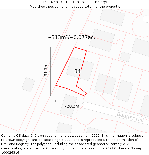 34, BADGER HILL, BRIGHOUSE, HD6 3QX: Plot and title map
