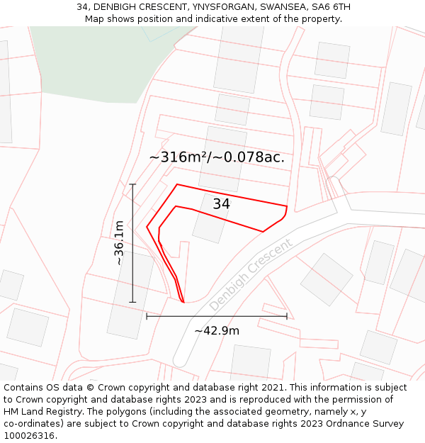 34, DENBIGH CRESCENT, YNYSFORGAN, SWANSEA, SA6 6TH: Plot and title map