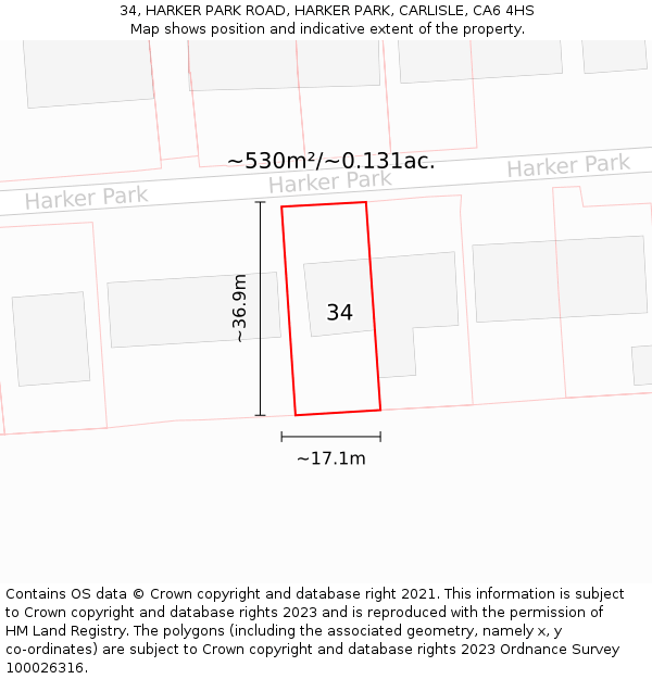 34, HARKER PARK ROAD, HARKER PARK, CARLISLE, CA6 4HS: Plot and title map