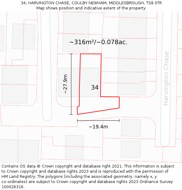 34, HARVINGTON CHASE, COULBY NEWHAM, MIDDLESBROUGH, TS8 0TR: Plot and title map
