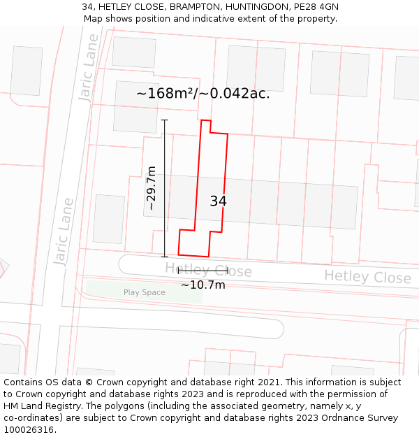 34, HETLEY CLOSE, BRAMPTON, HUNTINGDON, PE28 4GN: Plot and title map