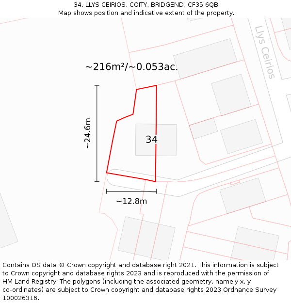 34, LLYS CEIRIOS, COITY, BRIDGEND, CF35 6QB: Plot and title map