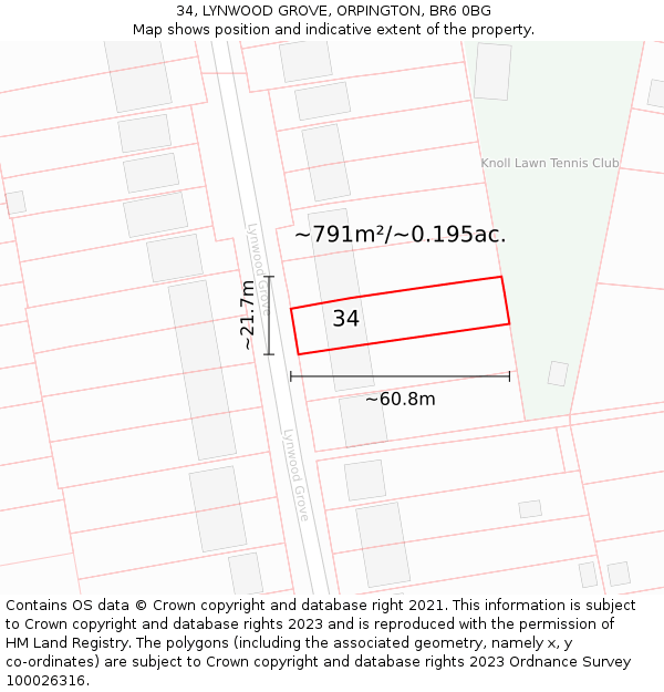 34, LYNWOOD GROVE, ORPINGTON, BR6 0BG: Plot and title map