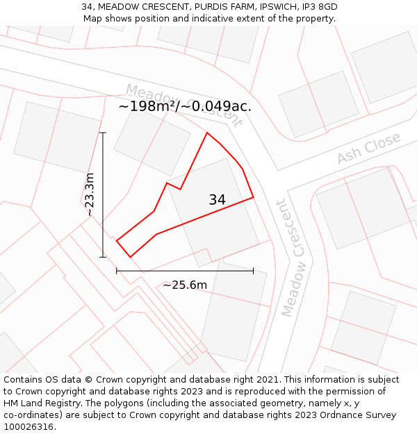 34, MEADOW CRESCENT, PURDIS FARM, IPSWICH, IP3 8GD: Plot and title map