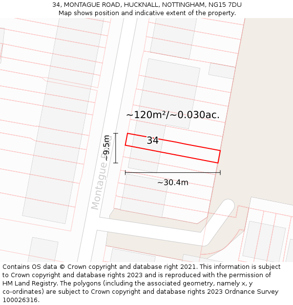 34, MONTAGUE ROAD, HUCKNALL, NOTTINGHAM, NG15 7DU: Plot and title map