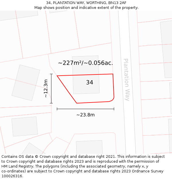 34, PLANTATION WAY, WORTHING, BN13 2AF: Plot and title map