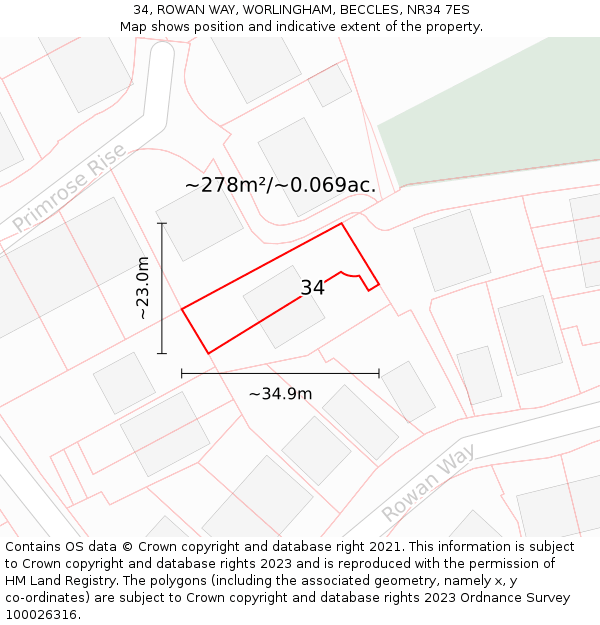 34, ROWAN WAY, WORLINGHAM, BECCLES, NR34 7ES: Plot and title map