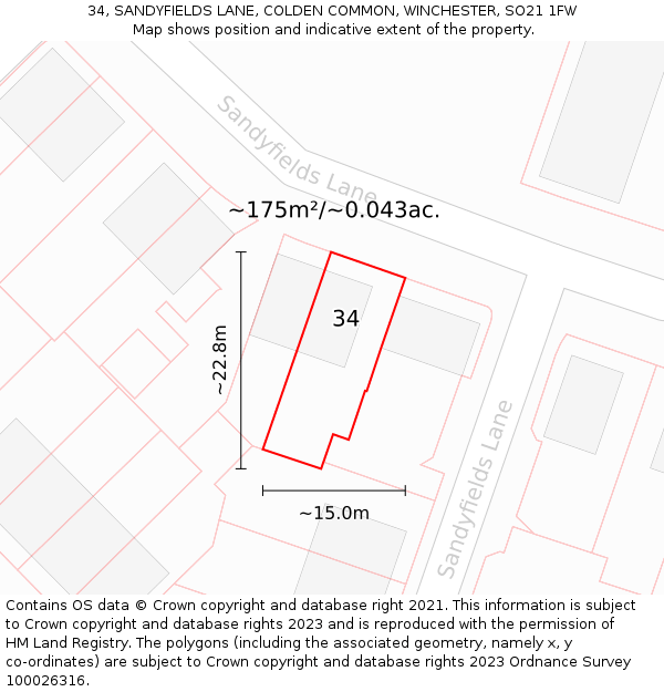 34, SANDYFIELDS LANE, COLDEN COMMON, WINCHESTER, SO21 1FW: Plot and title map