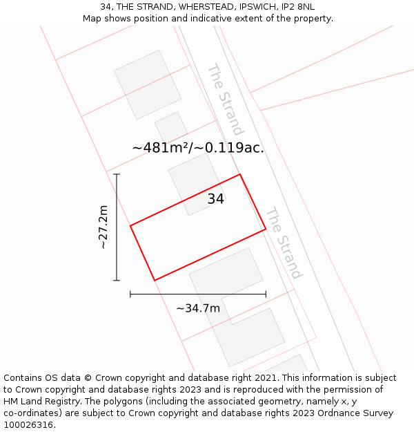 34, THE STRAND, WHERSTEAD, IPSWICH, IP2 8NL: Plot and title map