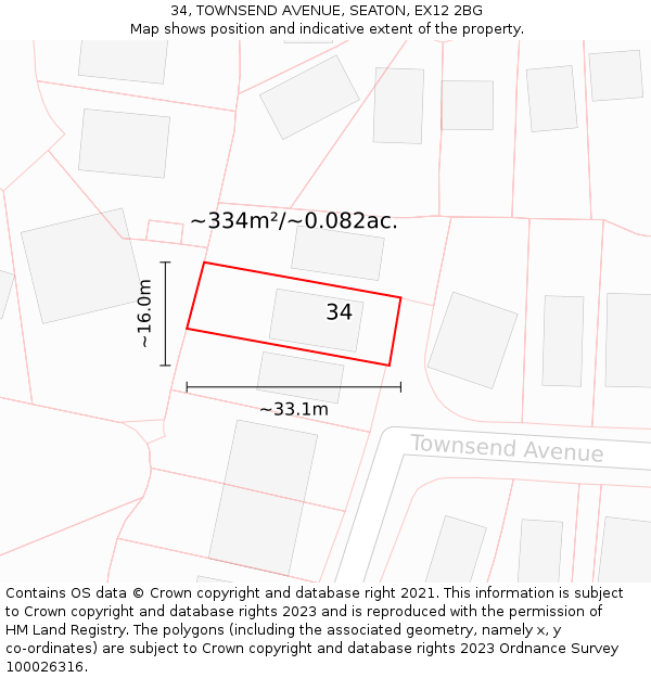 34, TOWNSEND AVENUE, SEATON, EX12 2BG: Plot and title map