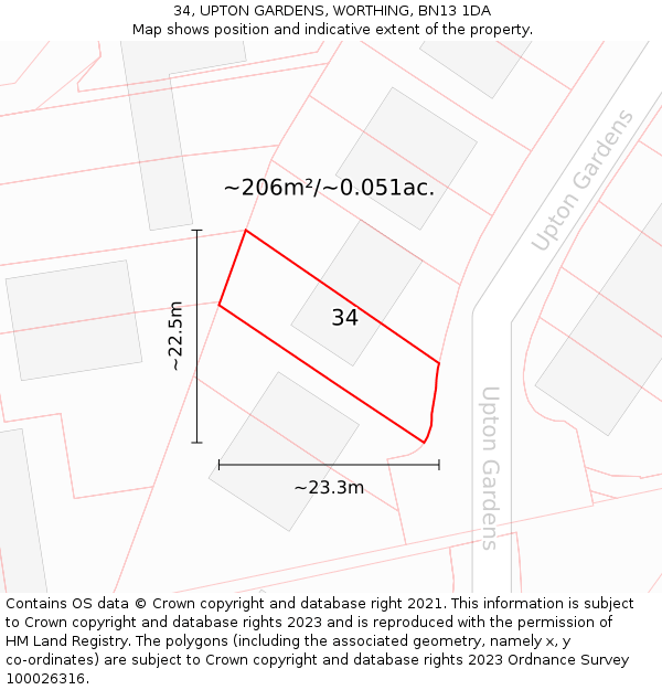 34, UPTON GARDENS, WORTHING, BN13 1DA: Plot and title map