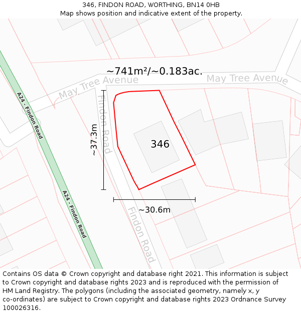 346, FINDON ROAD, WORTHING, BN14 0HB: Plot and title map