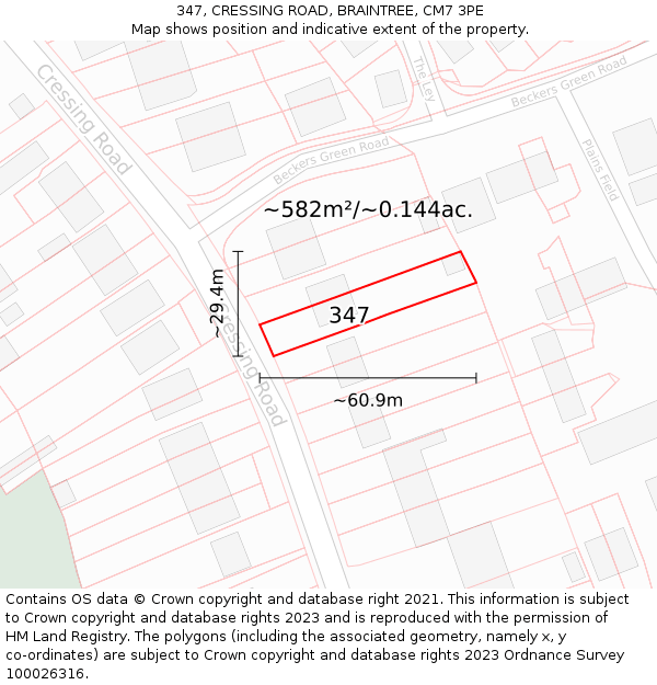 347, CRESSING ROAD, BRAINTREE, CM7 3PE: Plot and title map