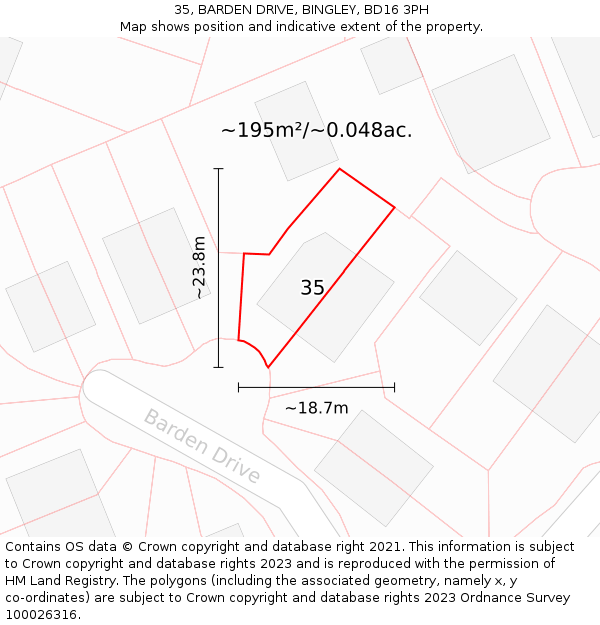 35, BARDEN DRIVE, BINGLEY, BD16 3PH: Plot and title map