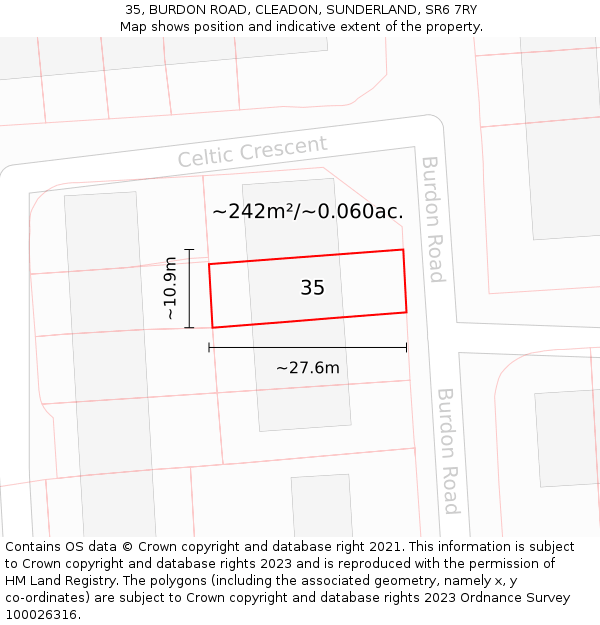 35, BURDON ROAD, CLEADON, SUNDERLAND, SR6 7RY: Plot and title map