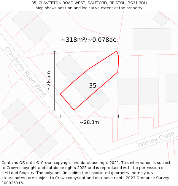 35, CLAVERTON ROAD WEST, SALTFORD, BRISTOL, BS31 3DU: Plot and title map