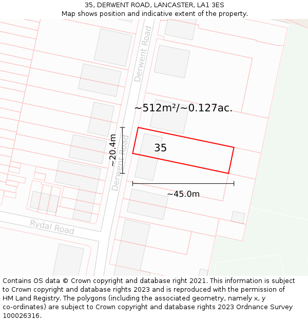 35, DERWENT ROAD, LANCASTER, LA1 3ES: Plot and title map