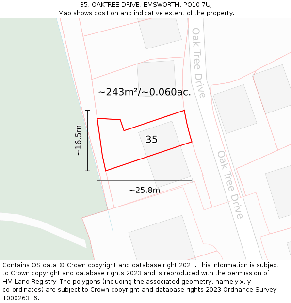 35, OAKTREE DRIVE, EMSWORTH, PO10 7UJ: Plot and title map