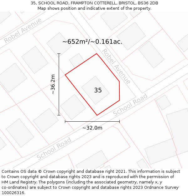 35, SCHOOL ROAD, FRAMPTON COTTERELL, BRISTOL, BS36 2DB: Plot and title map