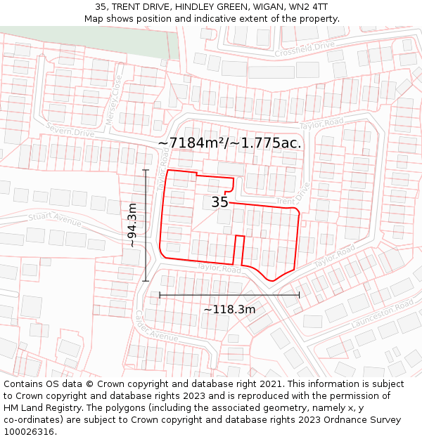 35, TRENT DRIVE, HINDLEY GREEN, WIGAN, WN2 4TT: Plot and title map