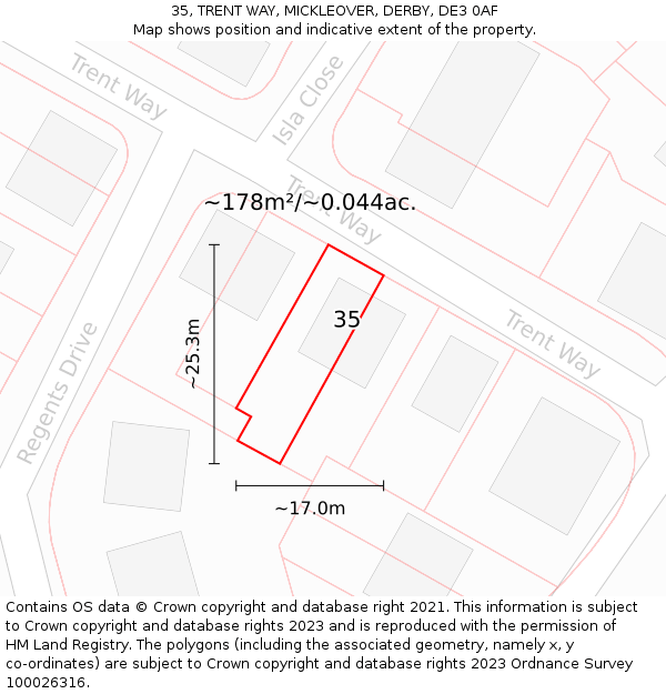35, TRENT WAY, MICKLEOVER, DERBY, DE3 0AF: Plot and title map