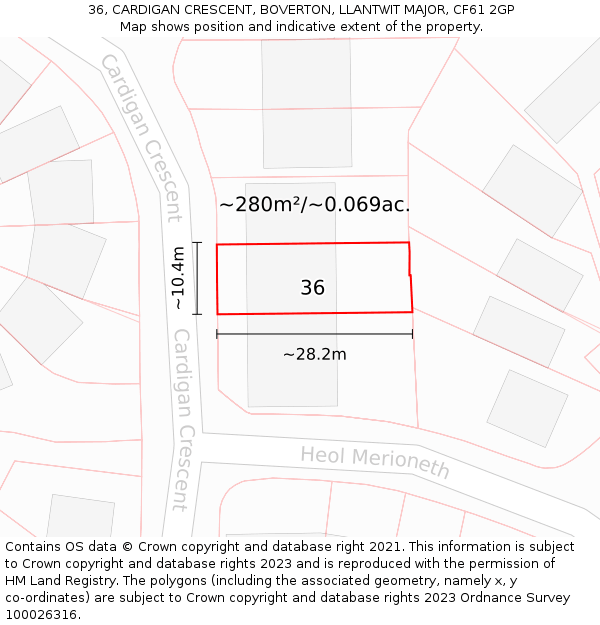 36, CARDIGAN CRESCENT, BOVERTON, LLANTWIT MAJOR, CF61 2GP: Plot and title map