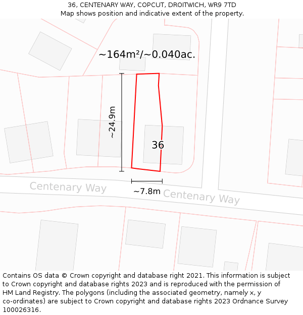 36, CENTENARY WAY, COPCUT, DROITWICH, WR9 7TD: Plot and title map