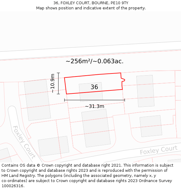 36, FOXLEY COURT, BOURNE, PE10 9TY: Plot and title map