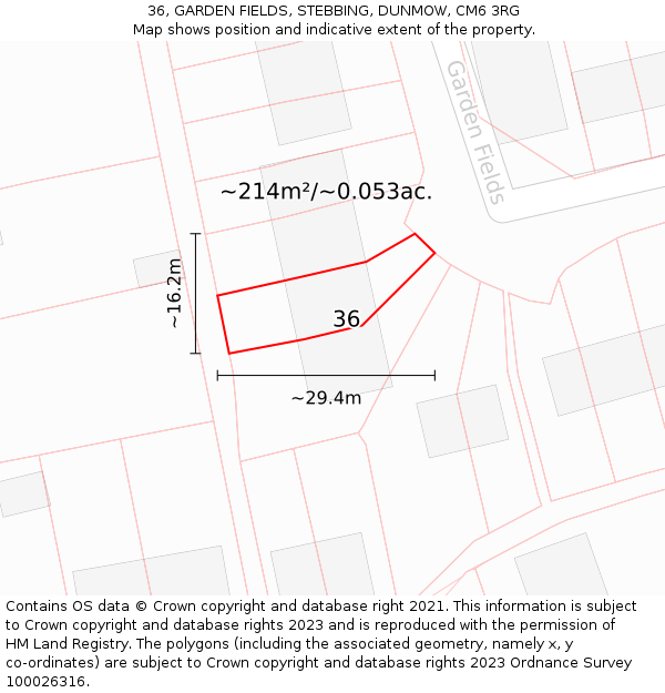 36, GARDEN FIELDS, STEBBING, DUNMOW, CM6 3RG: Plot and title map