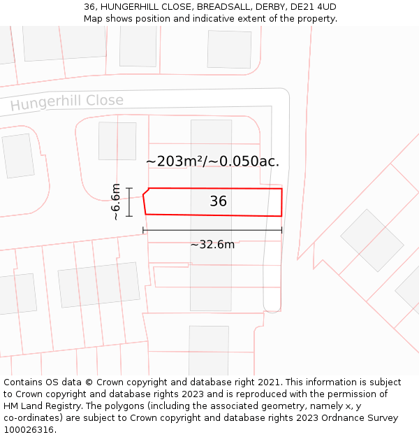 36, HUNGERHILL CLOSE, BREADSALL, DERBY, DE21 4UD: Plot and title map