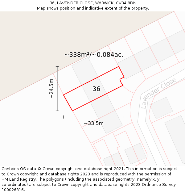 36, LAVENDER CLOSE, WARWICK, CV34 8DN: Plot and title map