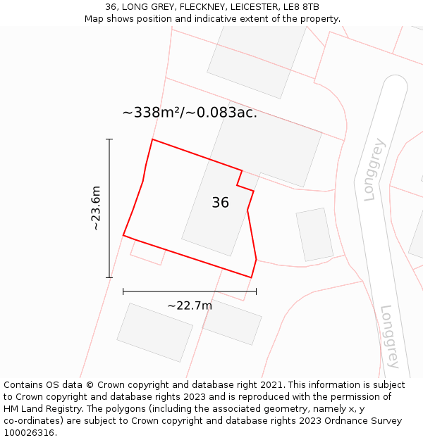 36, LONG GREY, FLECKNEY, LEICESTER, LE8 8TB: Plot and title map