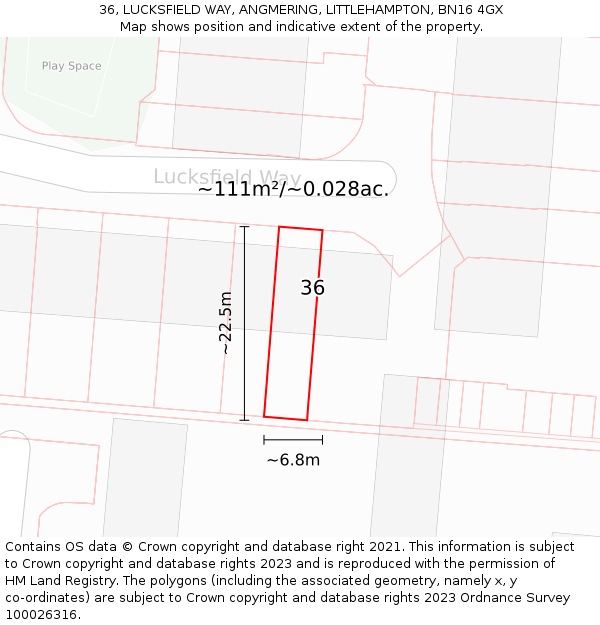 36, LUCKSFIELD WAY, ANGMERING, LITTLEHAMPTON, BN16 4GX: Plot and title map