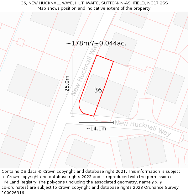 36, NEW HUCKNALL WAYE, HUTHWAITE, SUTTON-IN-ASHFIELD, NG17 2SS: Plot and title map
