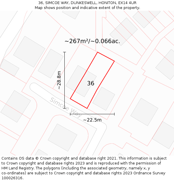 36, SIMCOE WAY, DUNKESWELL, HONITON, EX14 4UR: Plot and title map