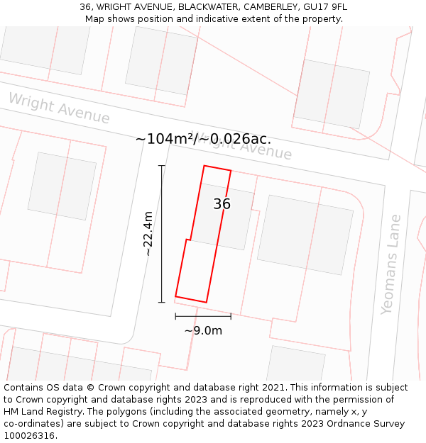 36, WRIGHT AVENUE, BLACKWATER, CAMBERLEY, GU17 9FL: Plot and title map
