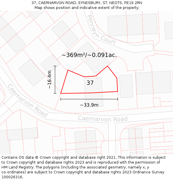 37, CAERNARVON ROAD, EYNESBURY, ST NEOTS, PE19 2RN: Plot and title map
