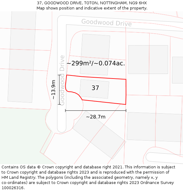 37, GOODWOOD DRIVE, TOTON, NOTTINGHAM, NG9 6HX: Plot and title map