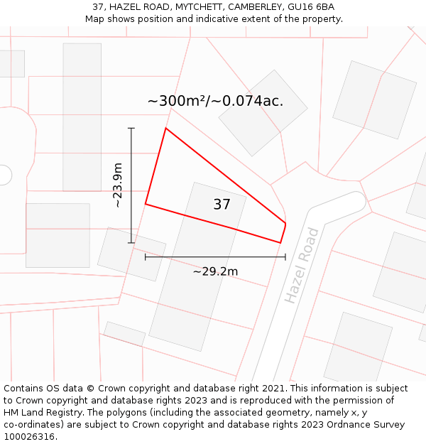 37, HAZEL ROAD, MYTCHETT, CAMBERLEY, GU16 6BA: Plot and title map