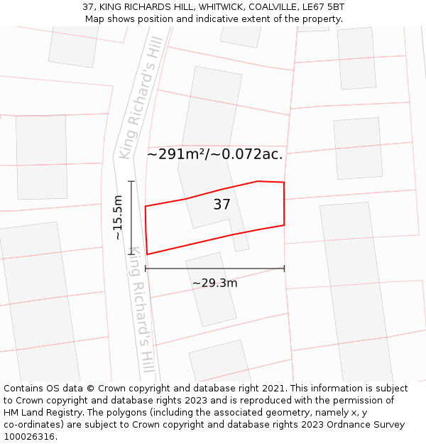 37, KING RICHARDS HILL, WHITWICK, COALVILLE, LE67 5BT: Plot and title map