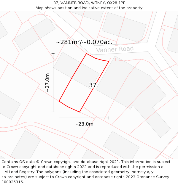 37, VANNER ROAD, WITNEY, OX28 1PE: Plot and title map