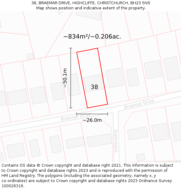 38, BRAEMAR DRIVE, HIGHCLIFFE, CHRISTCHURCH, BH23 5NS: Plot and title map