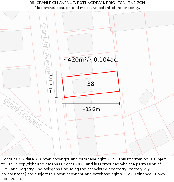 38, CRANLEIGH AVENUE, ROTTINGDEAN, BRIGHTON, BN2 7GN: Plot and title map