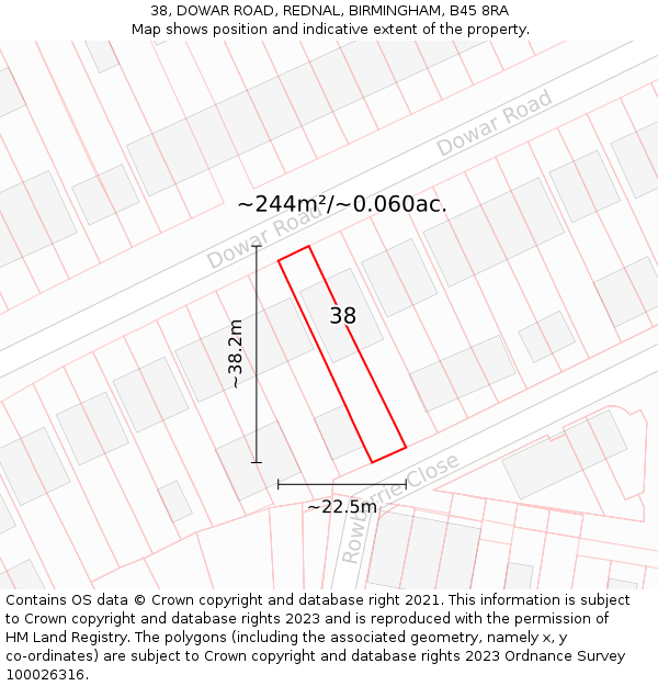 38, DOWAR ROAD, REDNAL, BIRMINGHAM, B45 8RA: Plot and title map