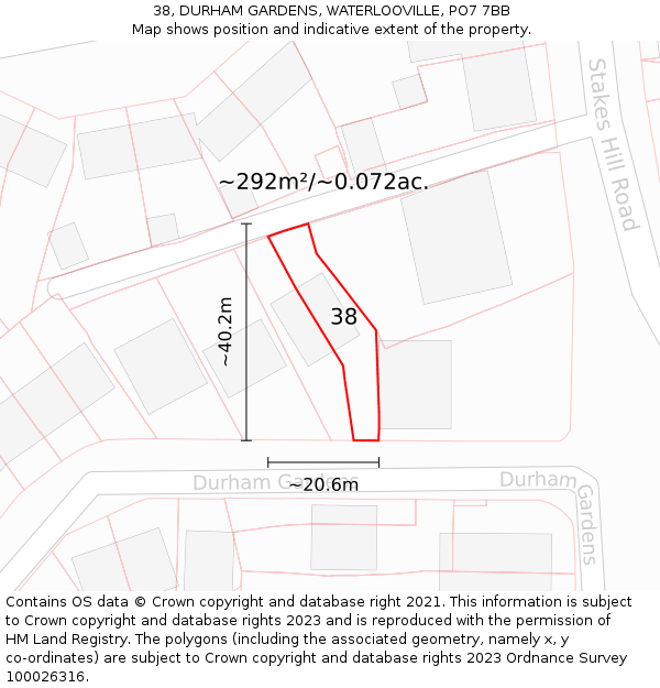 38, DURHAM GARDENS, WATERLOOVILLE, PO7 7BB: Plot and title map