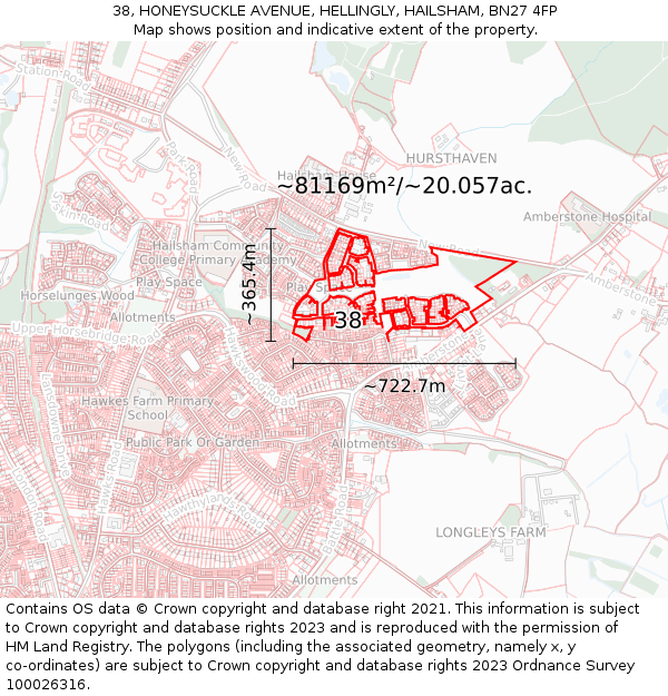 38, HONEYSUCKLE AVENUE, HELLINGLY, HAILSHAM, BN27 4FP: Plot and title map