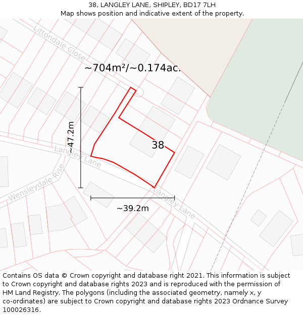 38, LANGLEY LANE, SHIPLEY, BD17 7LH: Plot and title map