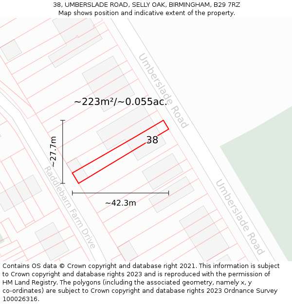 38, UMBERSLADE ROAD, SELLY OAK, BIRMINGHAM, B29 7RZ: Plot and title map
