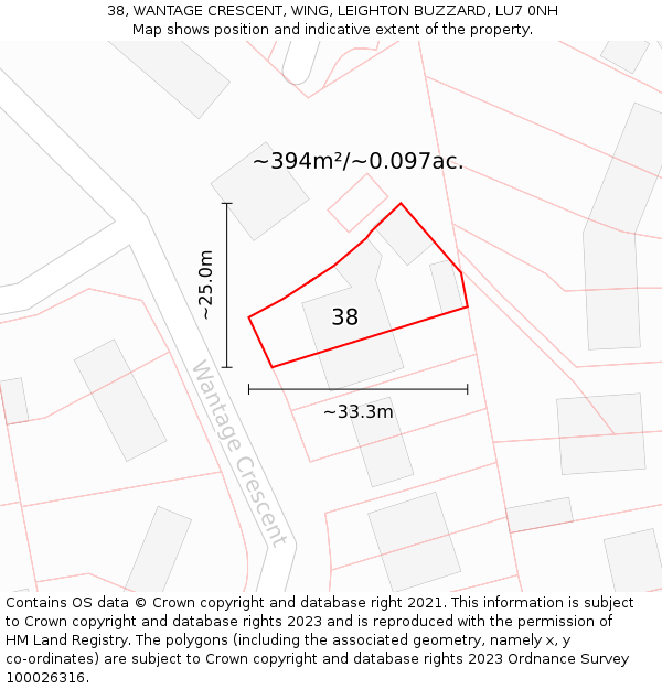 38, WANTAGE CRESCENT, WING, LEIGHTON BUZZARD, LU7 0NH: Plot and title map